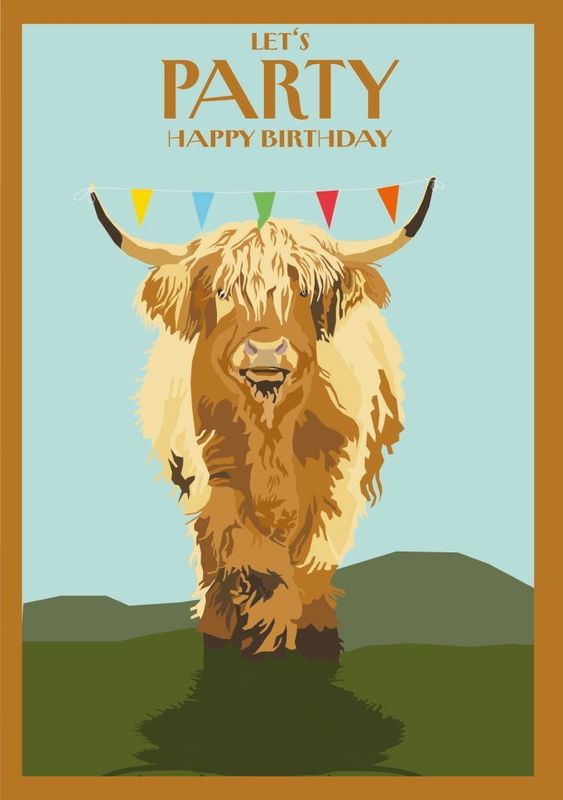 Geburtstagskarte Let's Party Happy Birthday – Highland-Rind Doppelkarte ?? Geburtstagskarte Let's Party Happy Birthday – Highland-Rind Doppelkarte ??