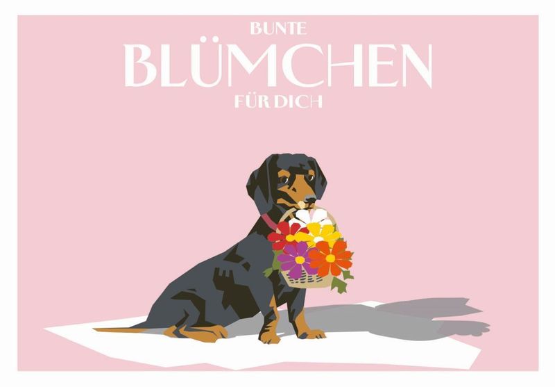 Grußkarte Bunte Blümchen für Dich – Dackel mit Blumenstrauß Doppelkarte ? Grußkarte Bunte Blümchen für Dich – Dackel mit Blumenstrauß Doppelkarte ?