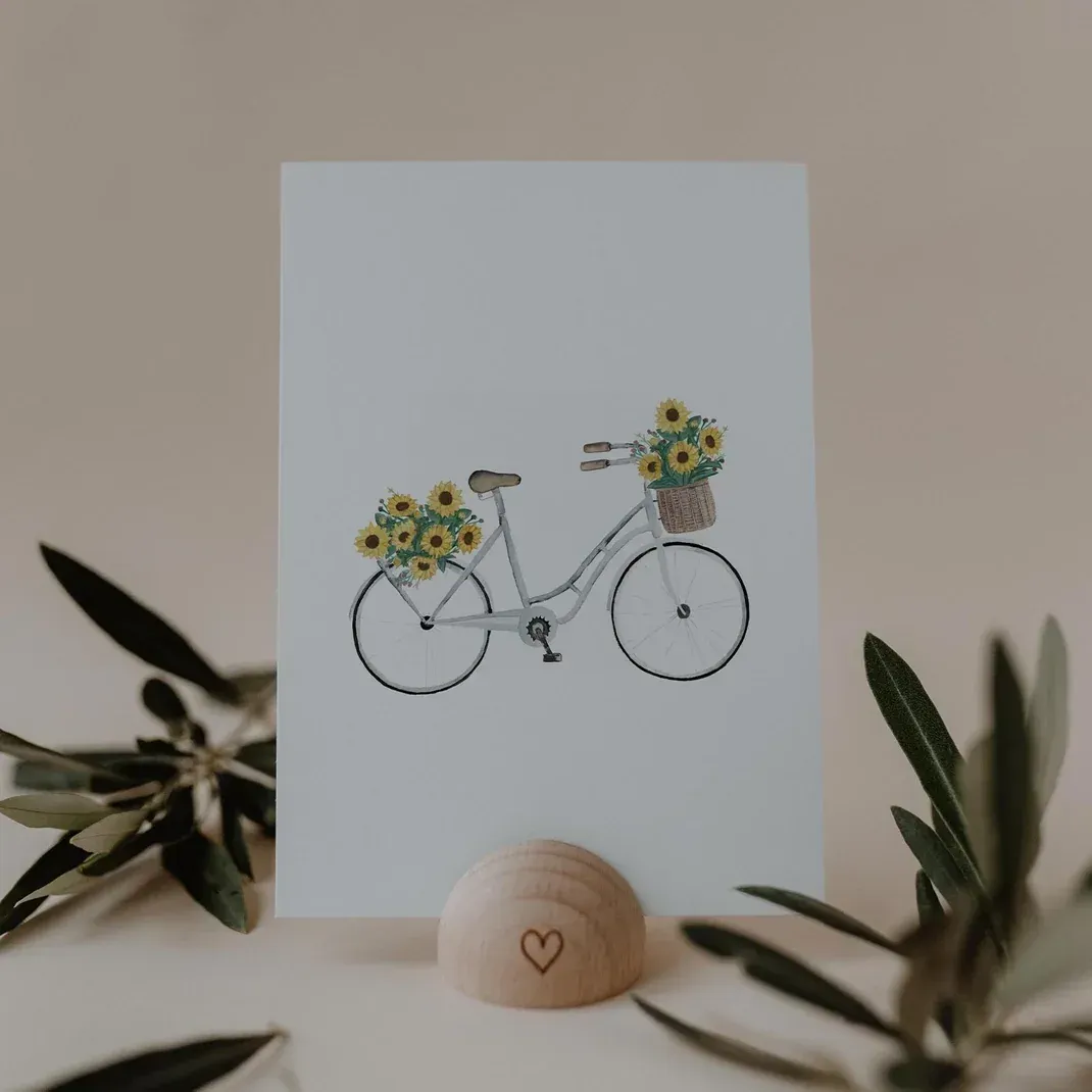 Aquarellkarte Flowerbike – Fahrrad mit Sonnenblumen ?