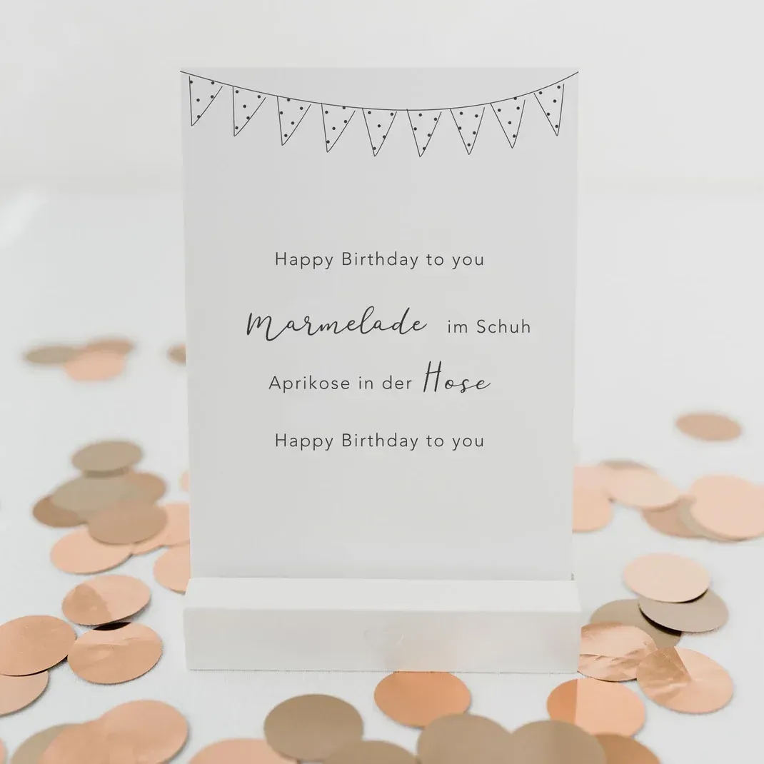 Spruchkarte Marmelade – „Happy Birthday to you, Marmelade im Schuh“ ?