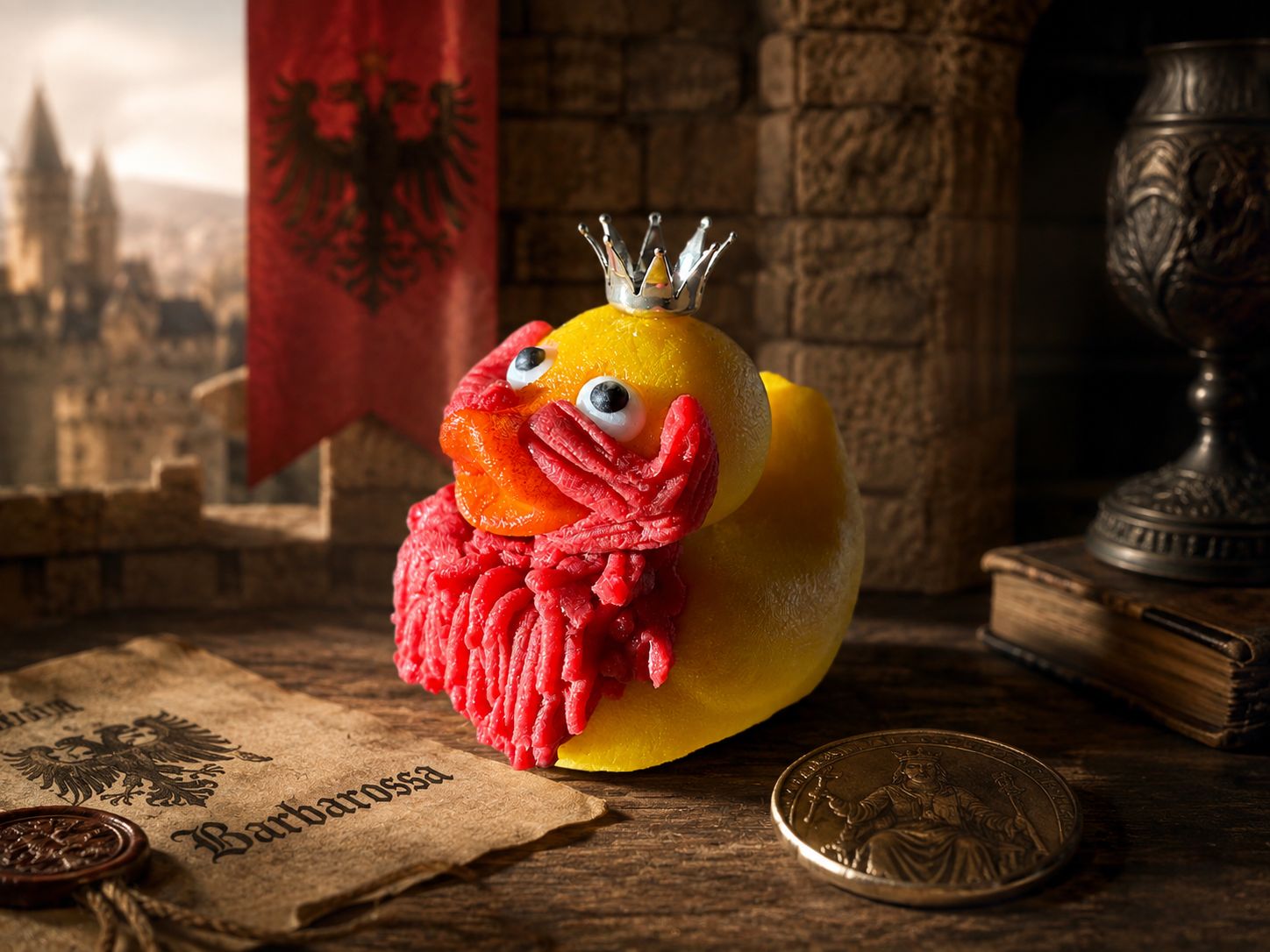 Marzipan-Ente König Barbarossa mit rotem Bart – süße Geschenkidee zur Stauferzeit ? Marzipan-Ente König Barbarossa mit rotem Bart – süße Geschenkidee zur Stauferzeit ?