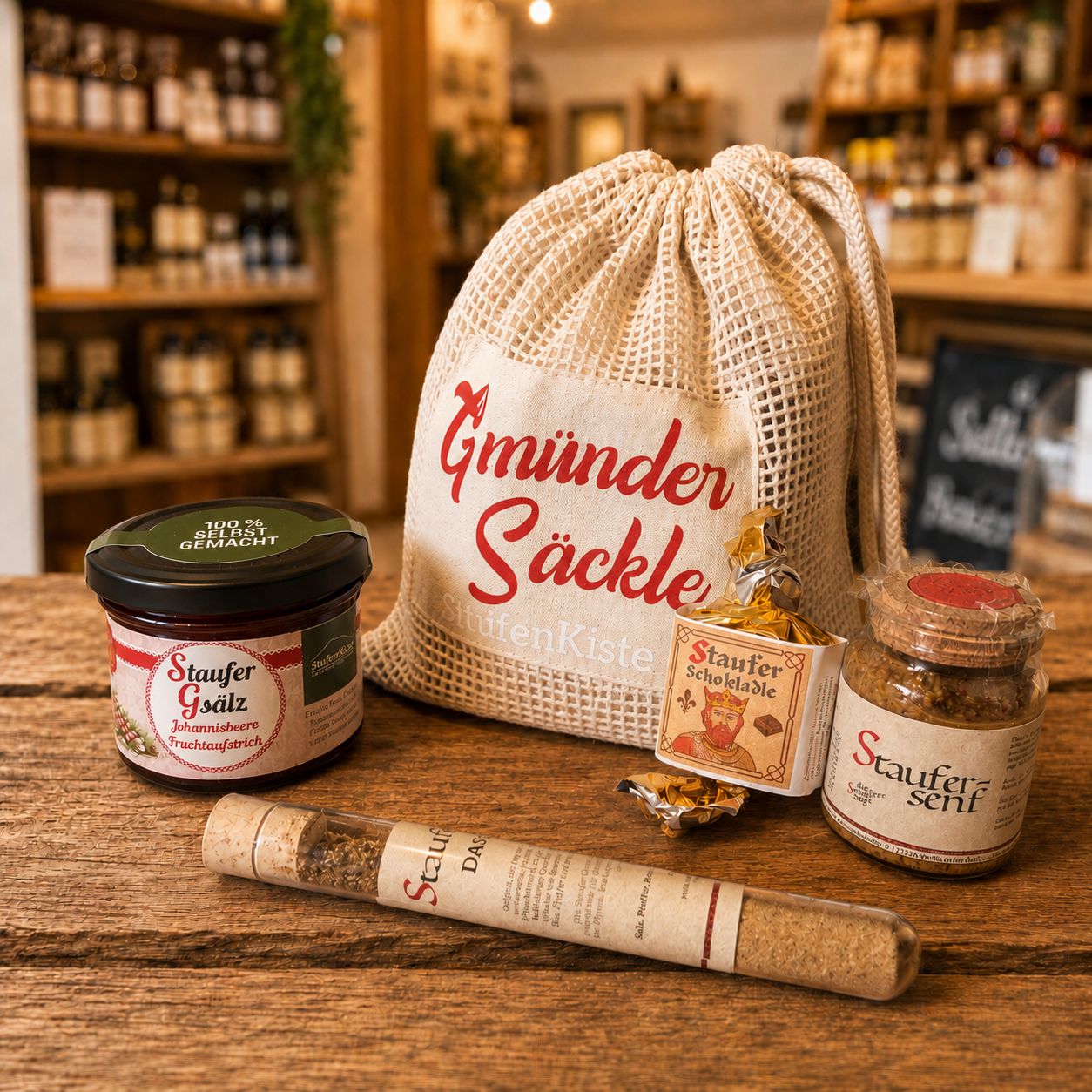 Gmünder Säckle Geschenkset – Staufersenf, Staufer-Gewürz, Gmünder Nascherle & Staufer-Gsälz ? Gmünder Säckle Geschenkset – Staufersenf, Staufer-Gewürz, Gmünder Nascherle & Staufer-Gsälz ?