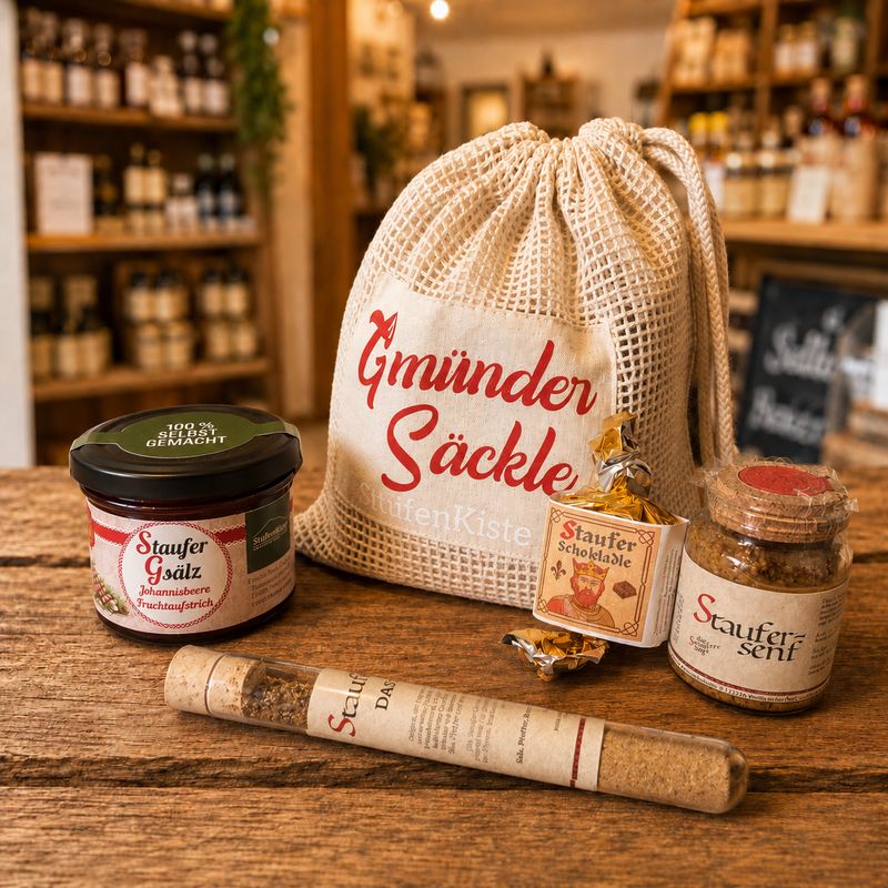 Gmünder Säckle Geschenkset – Staufersenf, Staufer-Gewürz, Gmünder Nascherle & Staufer-Gsälz ?