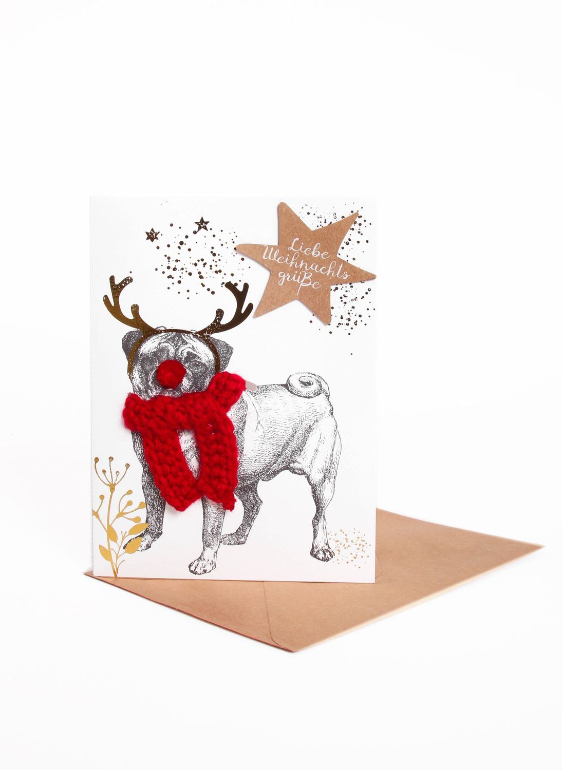 Liebe Weihnachtsgrüße – Schalkarte mit Mops und rotem Wollschal ?