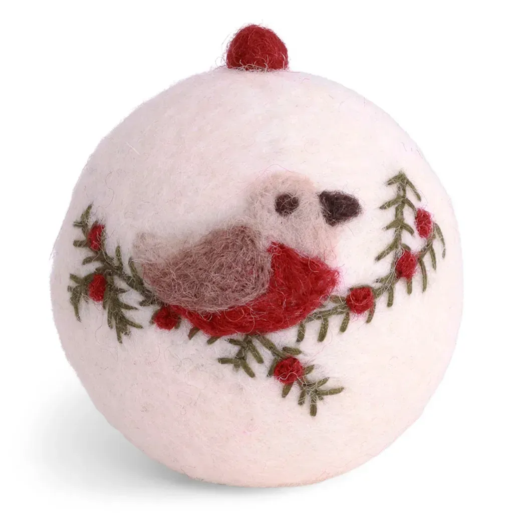 Weihnachtskugel – Weiß mit Vogel – handgefertigter Filz-Weihnachtsschmuck aus Nepal ? Weihnachtskugel – Weiß mit Vogel – handgefertigter Filz-Weihnachtsschmuck aus Nepal ?