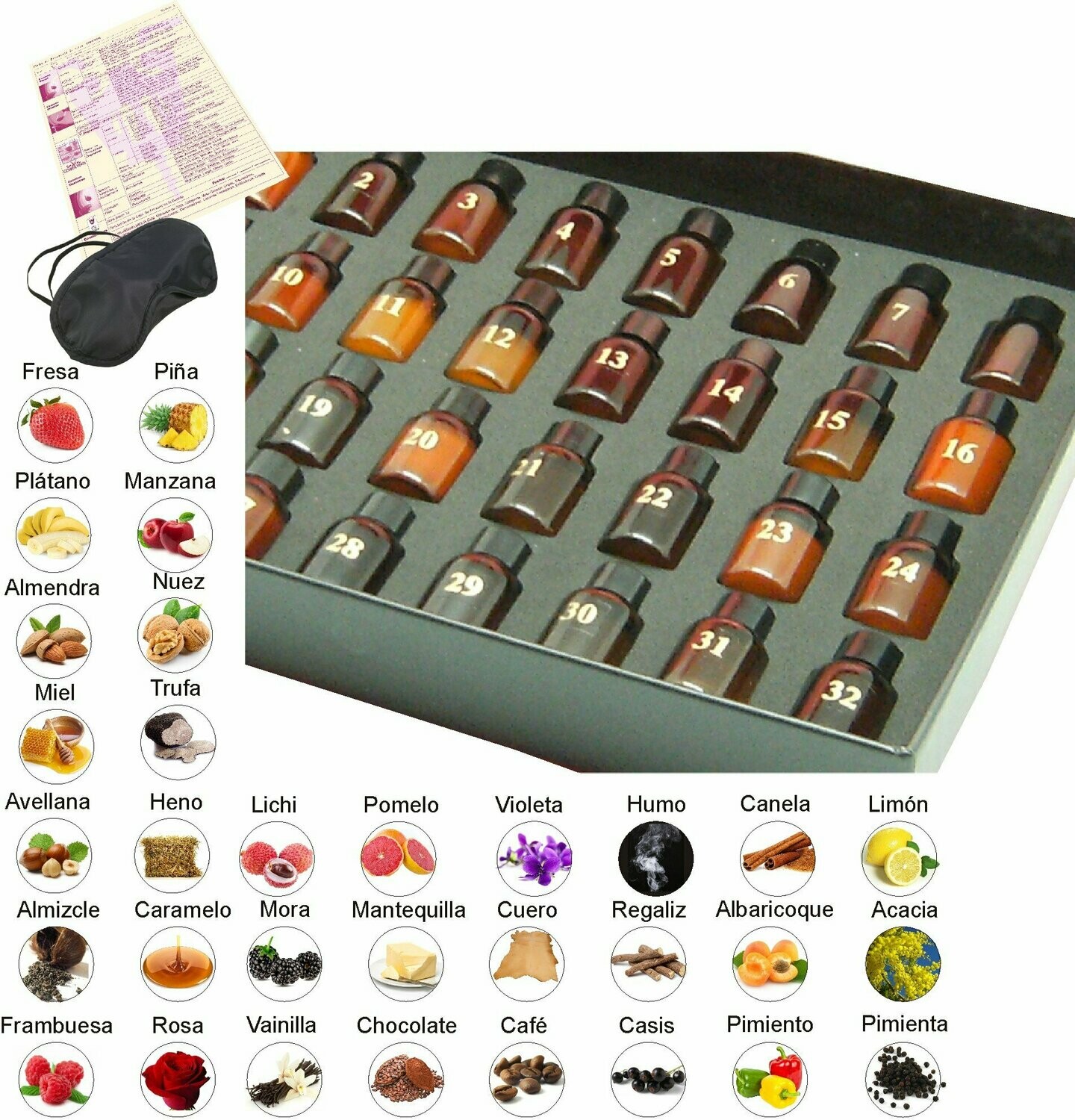 Juego 32 aromas básicos del vino + antifaz + fichas de cata Juego 32 aromas básicos del vino + antifaz + fichas de cata