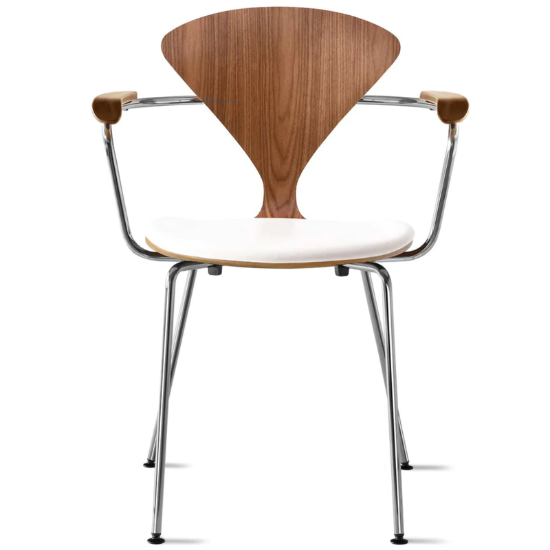 Cherner Metal Base Armchair – with seat pad only, Wood Finish: Natural Walnut, Leather: Spinneybeck Sabrina White