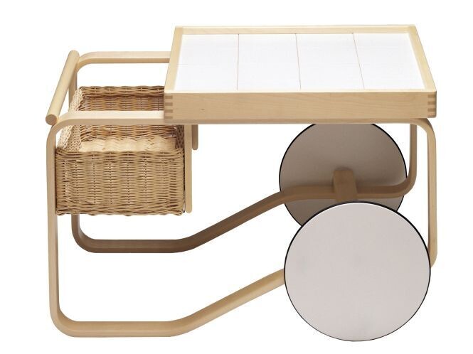 Artek Tea Trolley 900, Finish: White Ceramic Tiles, Natural Lacquered Frame, White Wheels