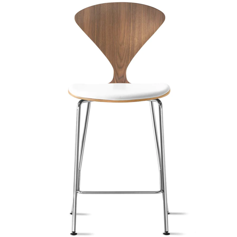 Cherner Metal Base Stool – with seat pad, Wood Finish: Natural Walnut, Leather: Spinneybeck Sabrina White