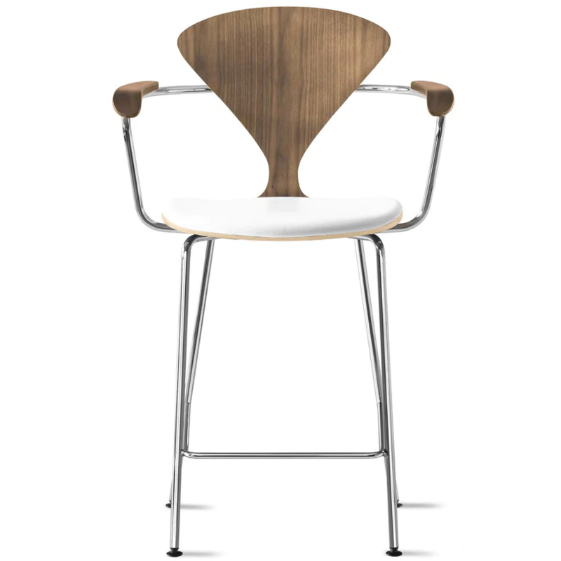 Cherner Metal Base Stool with Arms – with seat pad, Wood Finish: Natural Walnut, Leather: Spinneybeck Sabrina White