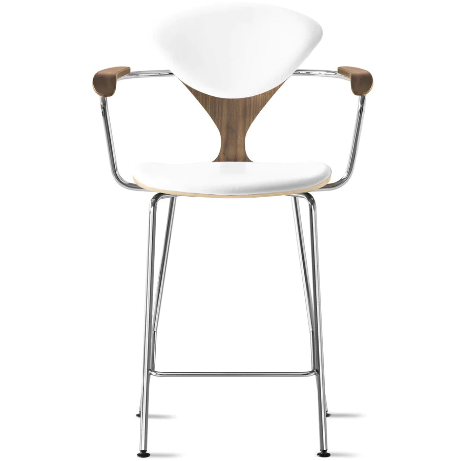 Cherner Metal Base Stool with Arms – with seat and back pads, Wood Finish: Natural Walnut, Leather: Spinneybeck Sabrina White