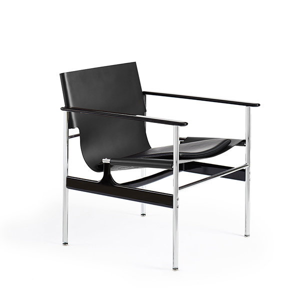 Knoll Pollock Arm Chair, Cushion Leather: Black Portofino Leather, Sling Belting Leather: Black