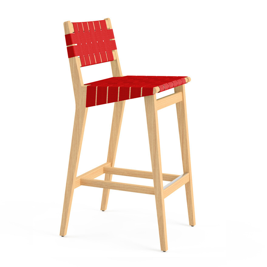 Knoll Risom Barstool, Cotton Webbing Colour: Red, Height: Bar Height, Wood Finish: Clear Maple, Seat and Back: Webbed seat and back