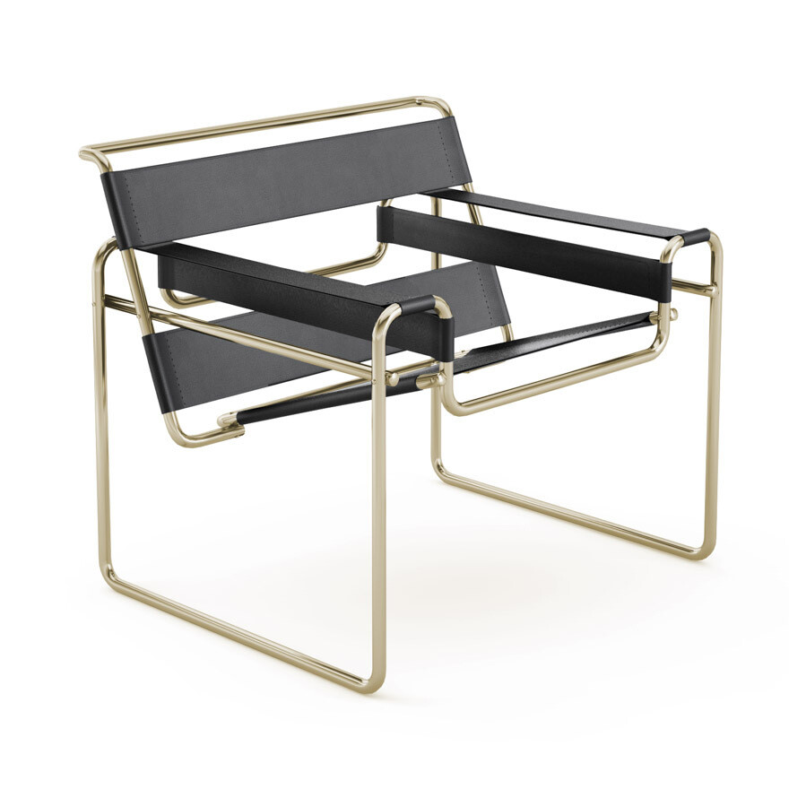 Knoll Wassily™ Chair Gold, Frame: 18K Gold, Sling: Belting Leather, Black
