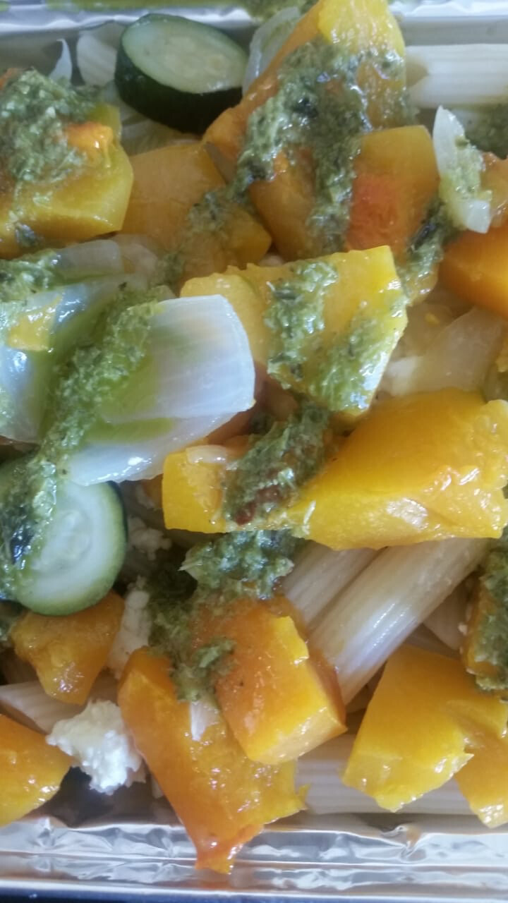 Roast Butternut, Baby Marrow & Onion Penne with Basil Pesto (Vegetarian) (to Order)