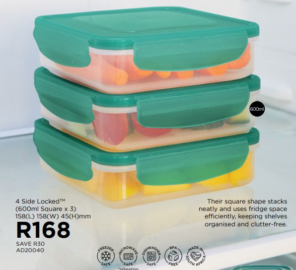 4 Side LockedTM (600ml Square x 3) 158(L) 158(W) 45(H)mm