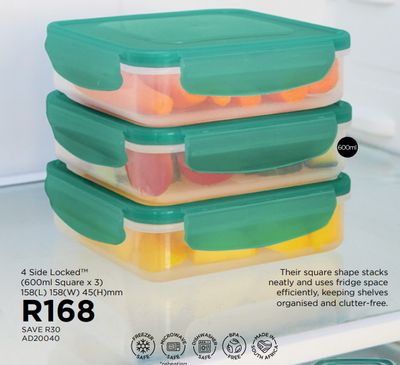 4 Side LockedTM (600ml Square x 3) 158(L) 158(W) 45(H)mm