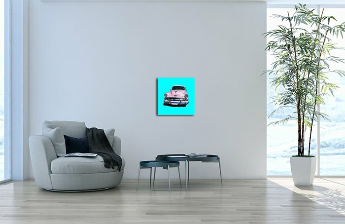 Leinwandbild Quadratisch Oldtimer rosa türkis