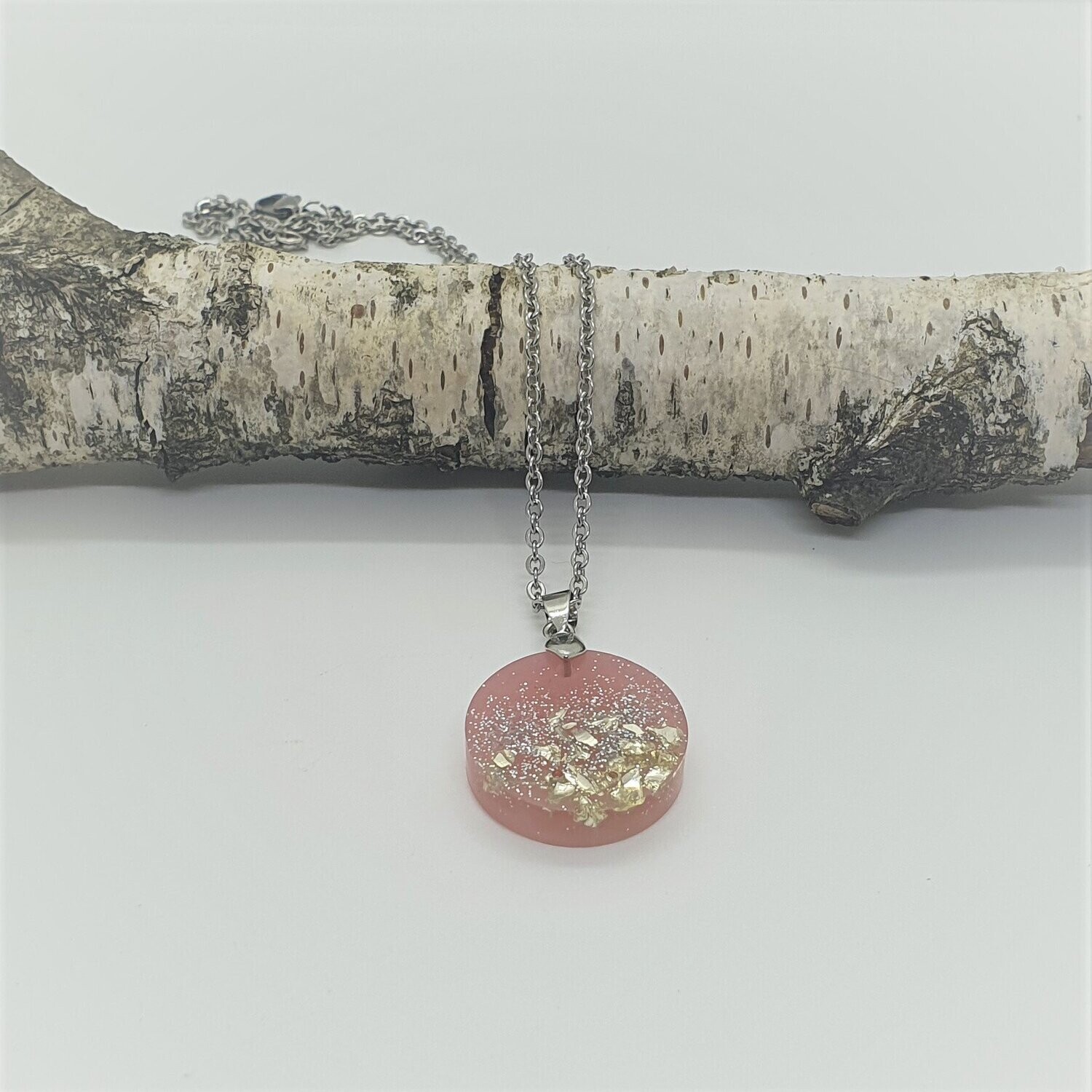 Halskette Schmuck aus Kunstharz rosa silber rund