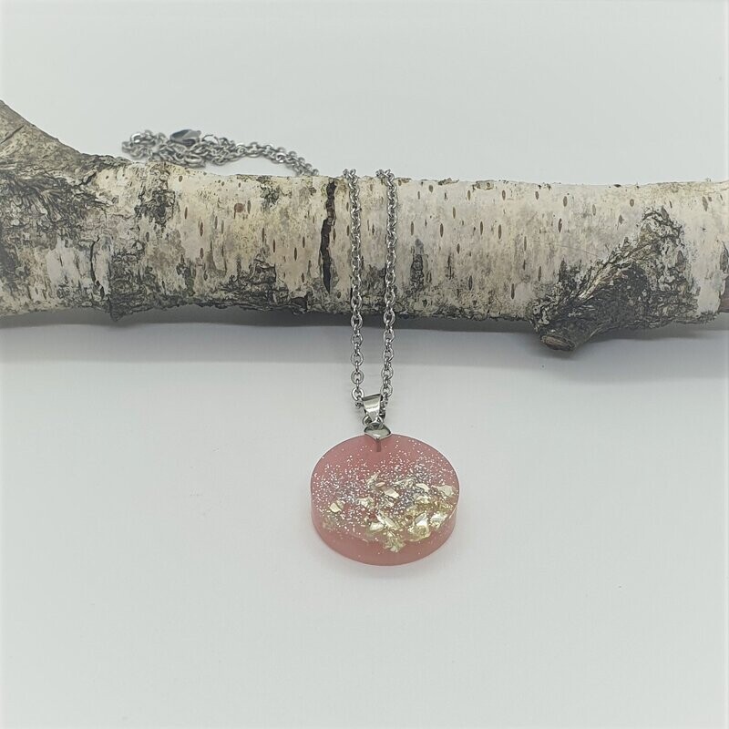 Halskette Schmuck aus Kunstharz rosa silber rund