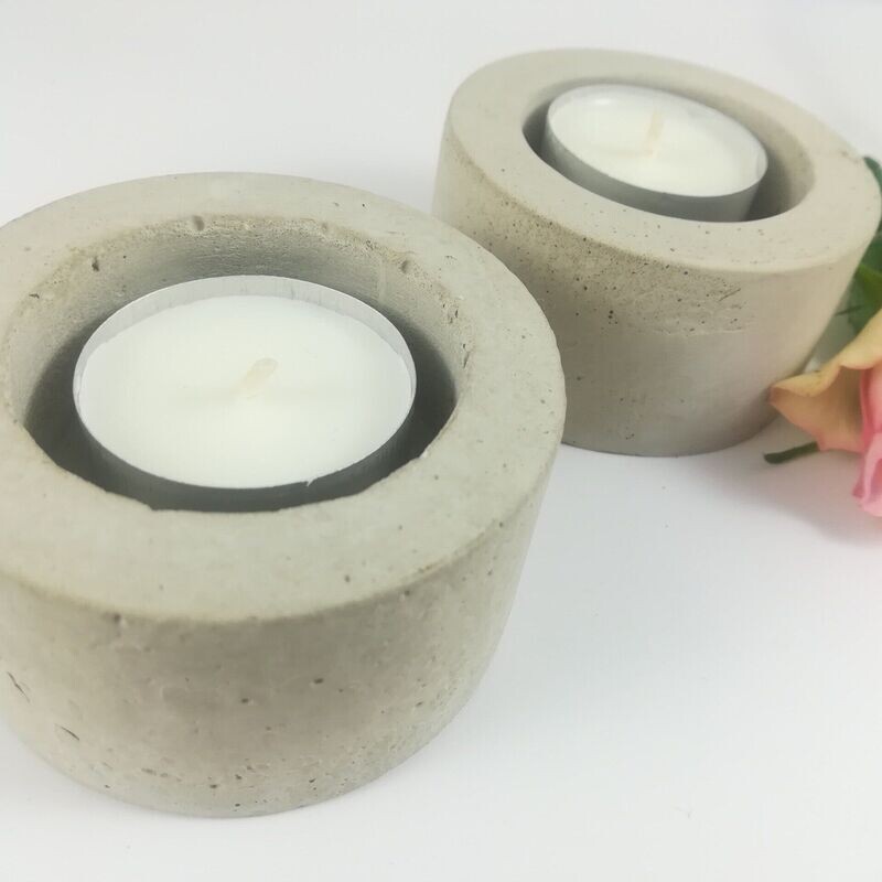 2 Stück Teelichthalter Beton grau rund