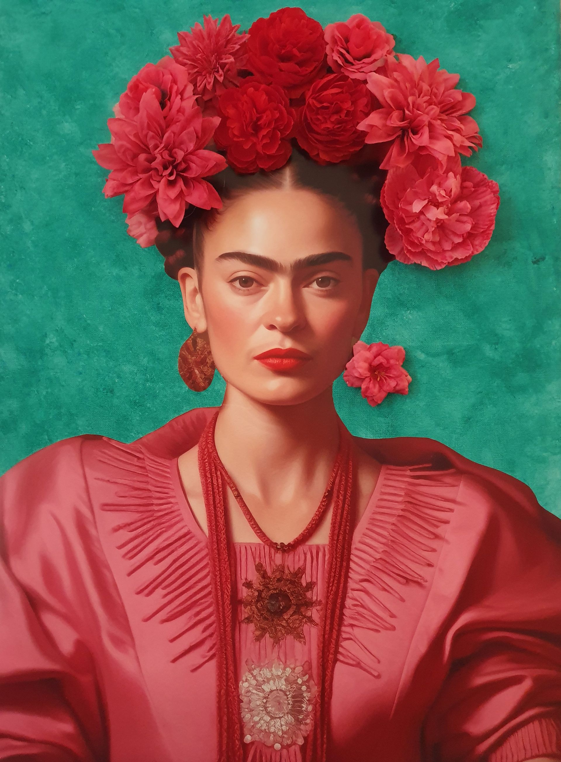 Wandkunst Frida Kahlo Pink mit 3D Blumenschmuck