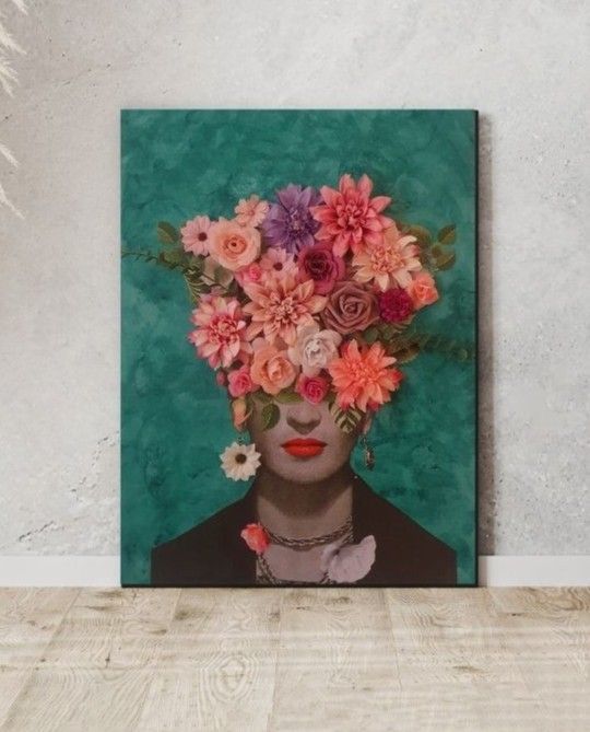 Wandbild Frida Kahlo Flora mit 3D Blumenschmuck