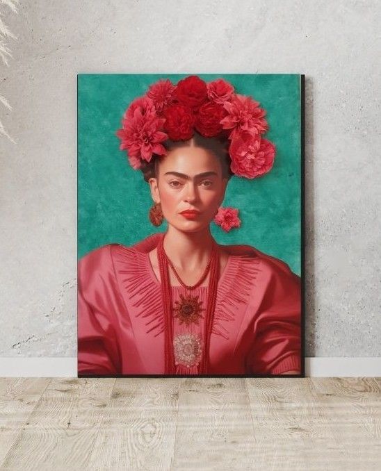 Wandbild Frida Kahlo Pink mit 3D Blumenschmuck