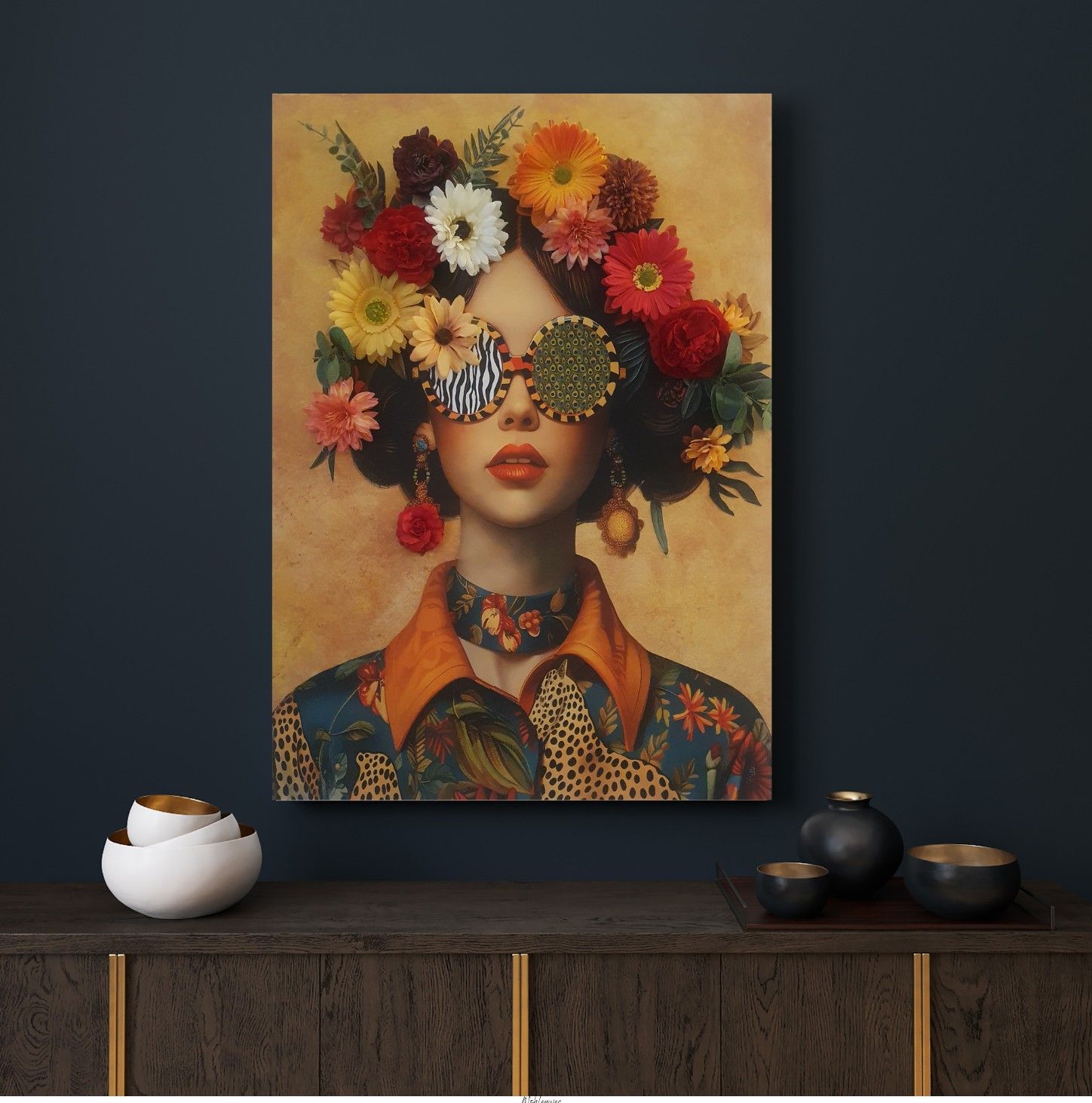 Wandkunst Boho Frau mit Blumenkopf und Sonnenbrille