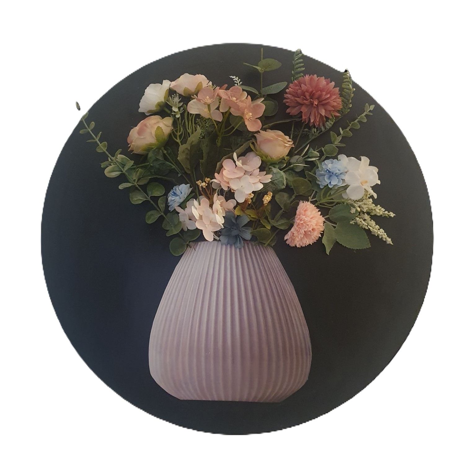 Wandkunst Blumenvase mit 3D Blumenstrauß runde Leinwand