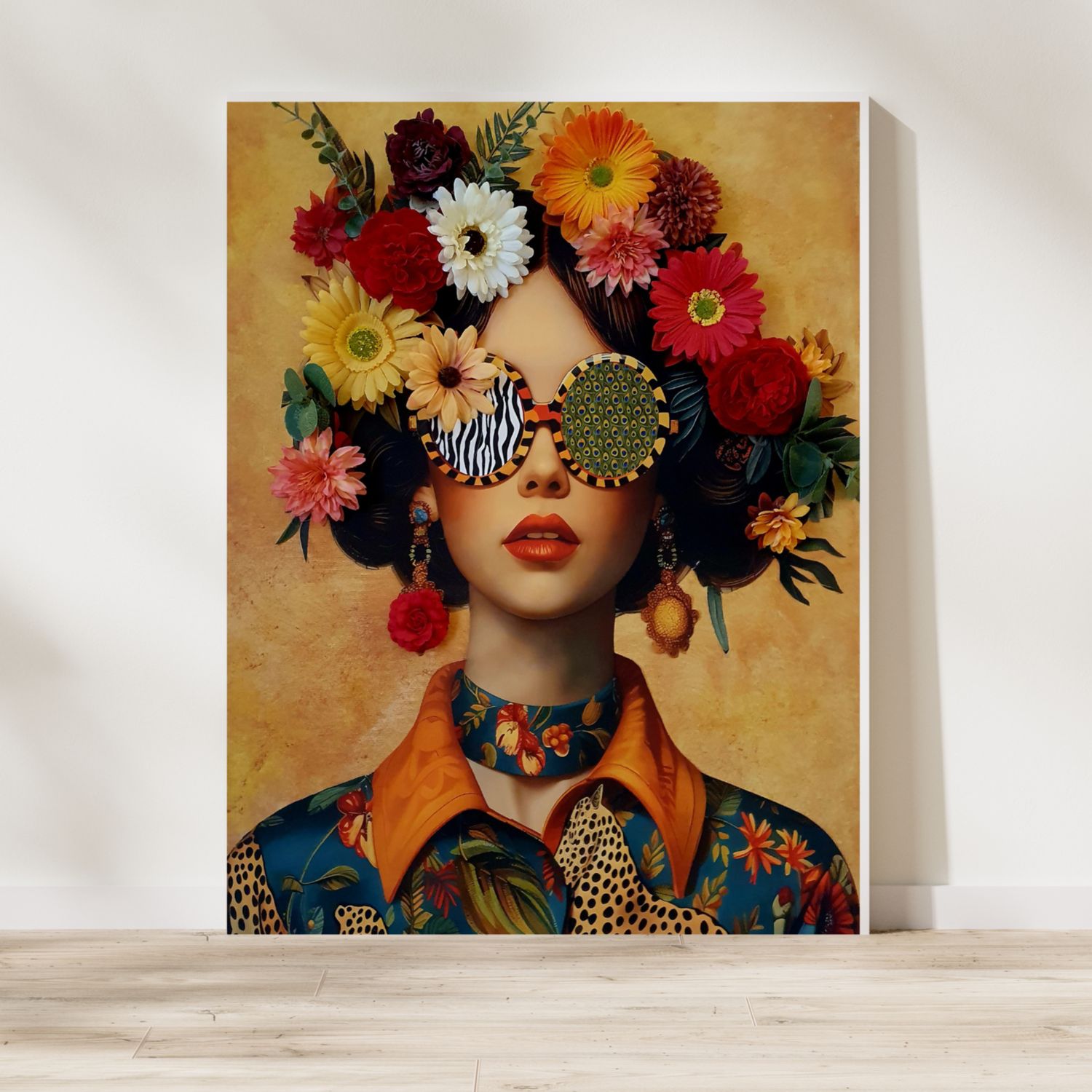 Wandkunst Boho Frau mit Blumenkopf und Sonnenbrille