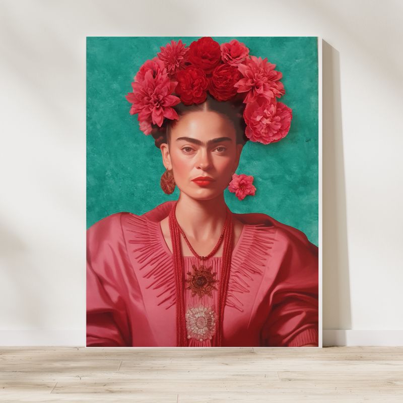 Wandkunst Frida Kahlo Pink mit 3D Blumenschmuck