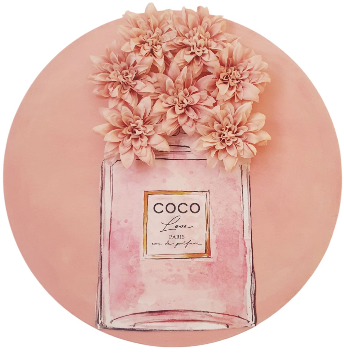 rundes 3D Wandbild Coco Vase Blumen rosa