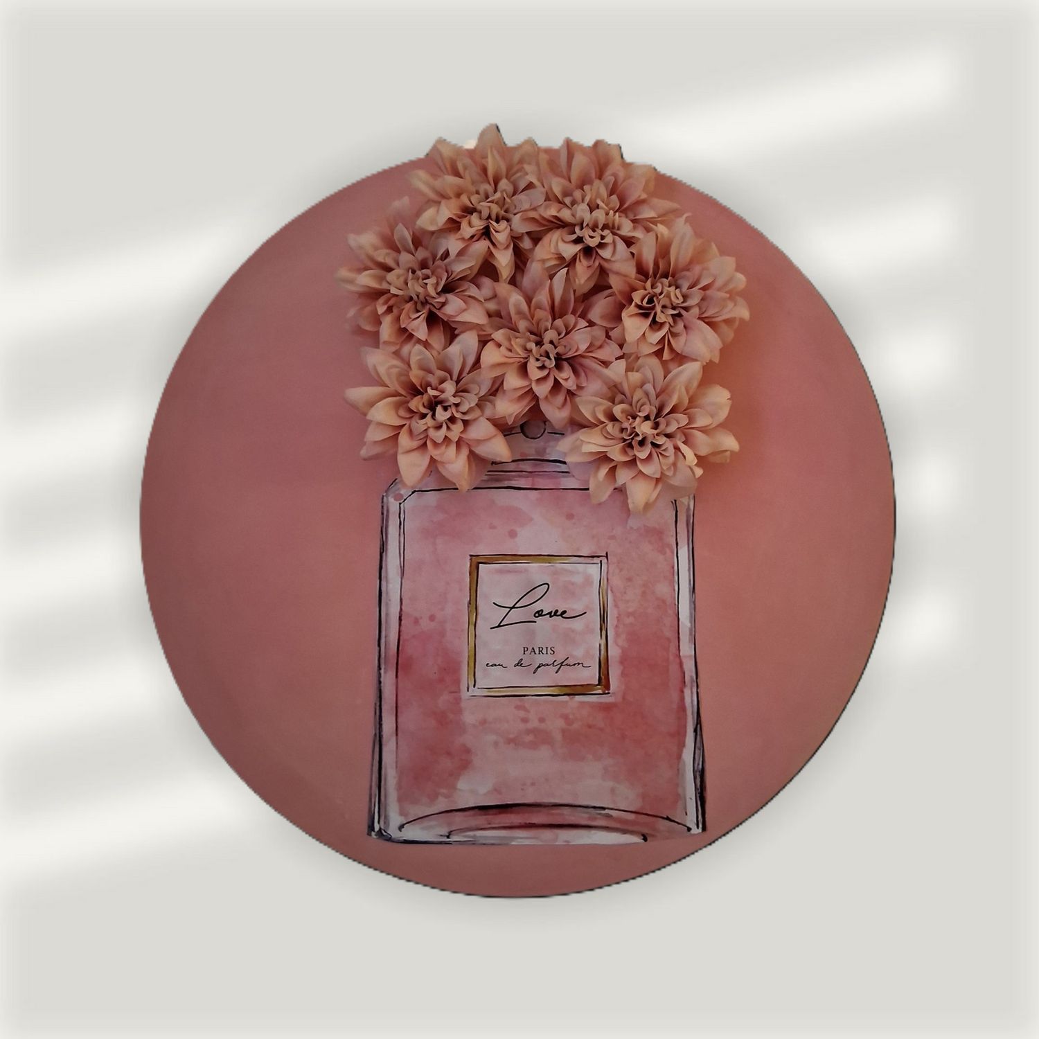 rundes 3D Wandbild Parfum Vase Blumen rosa Coco