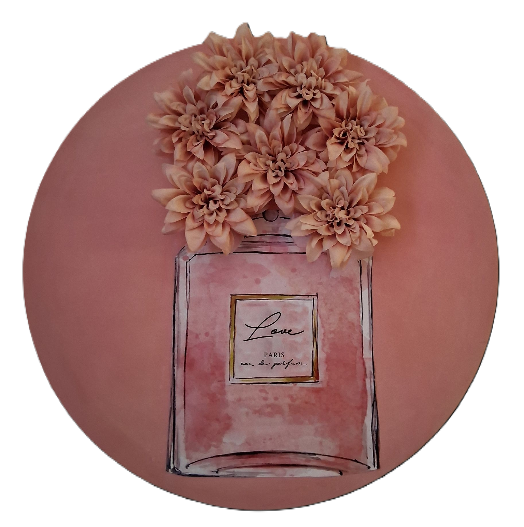 rundes 3D Wandbild Parfum Vase Blumen rosa Coco