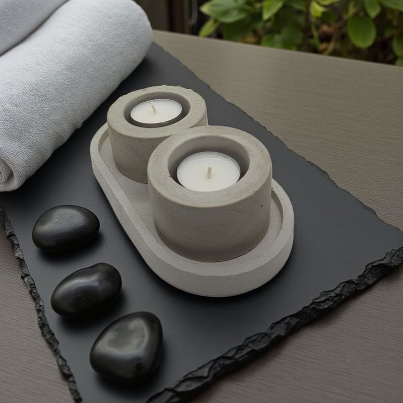 Deko Tablett mit 2 Teelichthaltern aus Beton Deko Tablett mit 2 Teelichthaltern aus Beton