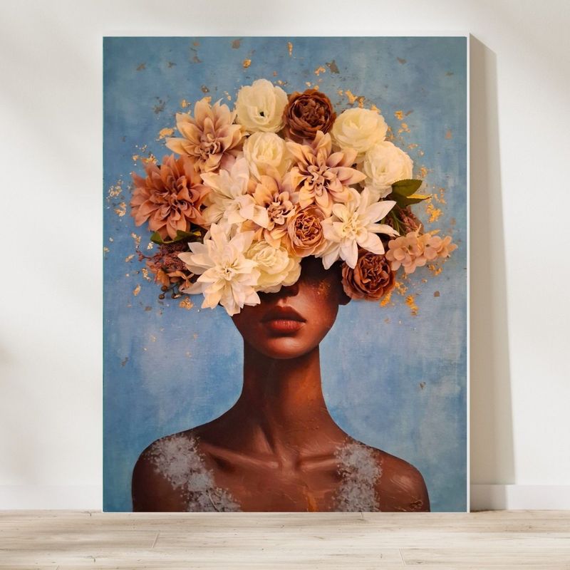 3D-Bild Wandbild blau Frau mit Blütenkopf Kunstblumen