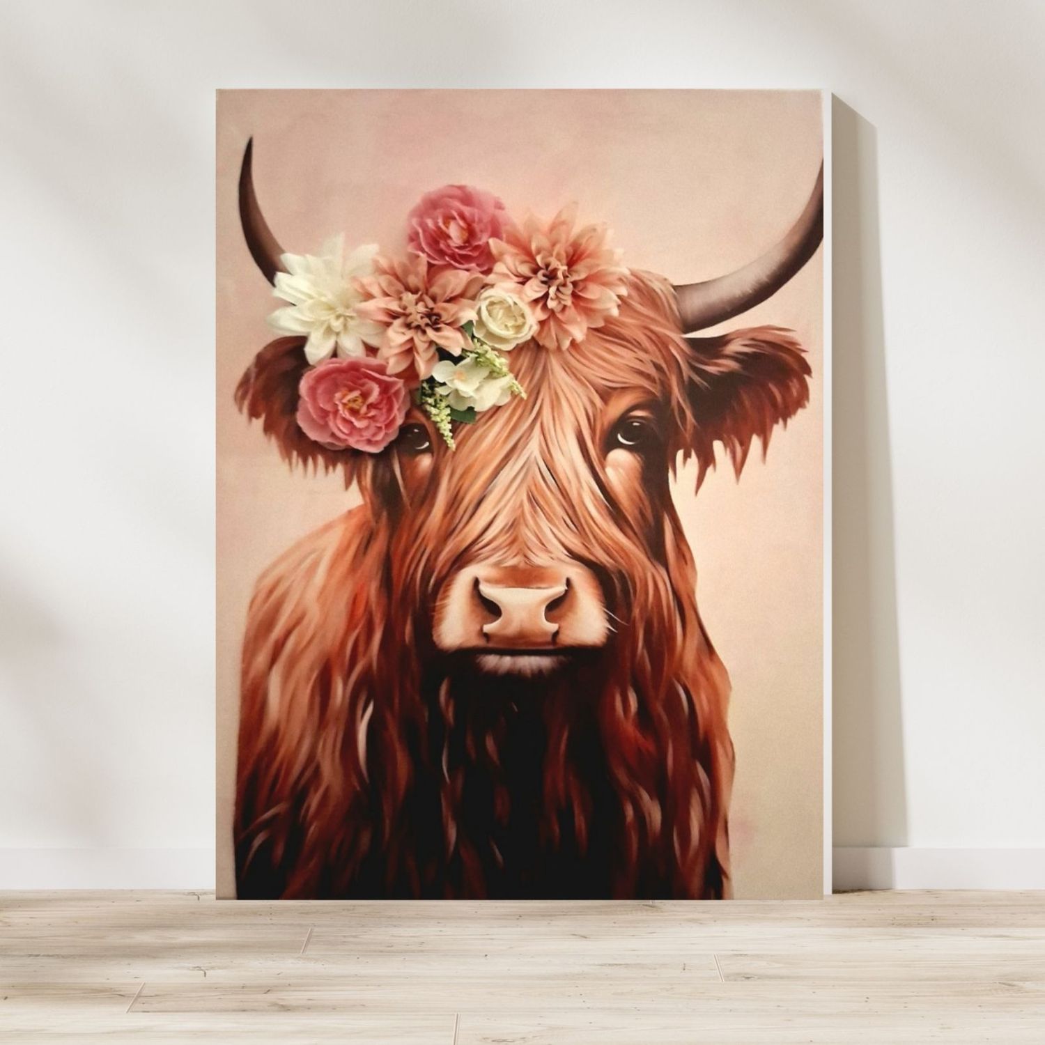 3D-Bild Wandbild Highlandrind mit Blumen