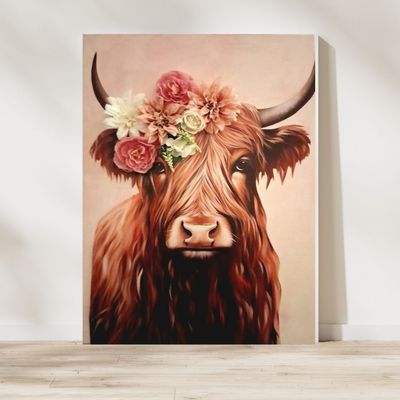 3D-Bild Wandbild Highlandrind mit Blumen