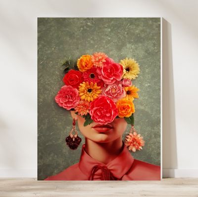 3D-Bild Wandbild Frau mit Blumen in Pink & Orange