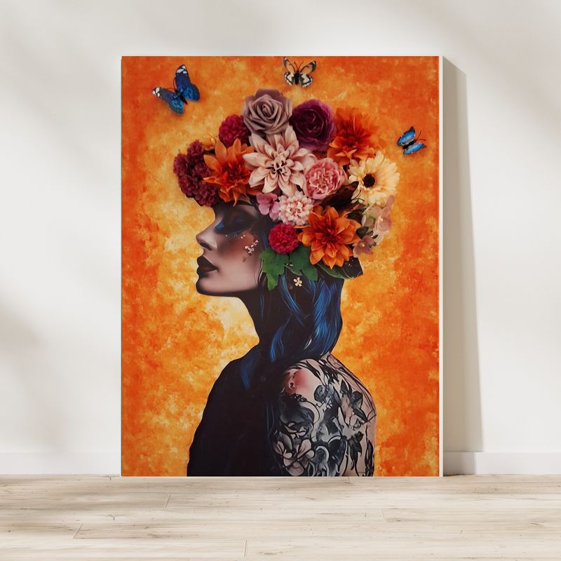 3D-Bild Wandbild Frauenportrait mit Schmetterling, Blumenkranz & Tattoos orange 3D-Bild Wandbild Frauenportrait mit Schmetterling, Blumenkranz & Tattoos orange
