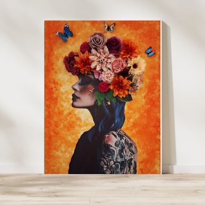 3D-Bild Wandbild Frauenportrait mit Schmetterling, Blumenkranz & Tattoos orange 3D-Bild Wandbild Frauenportrait mit Schmetterling, Blumenkranz & Tattoos orange