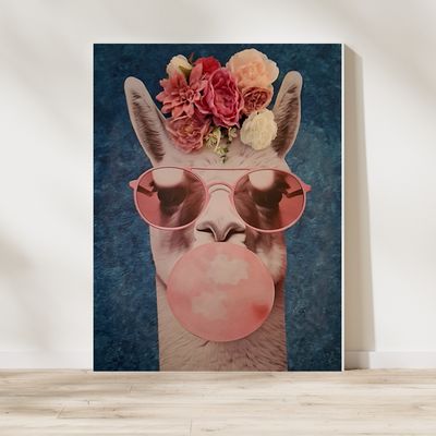 3D-Bild Wandbild Lama mit Kaugummi und Blumenkopf Pop-Art 3D-Bild Wandbild Lama mit Kaugummi und Blumenkopf Pop-Art
