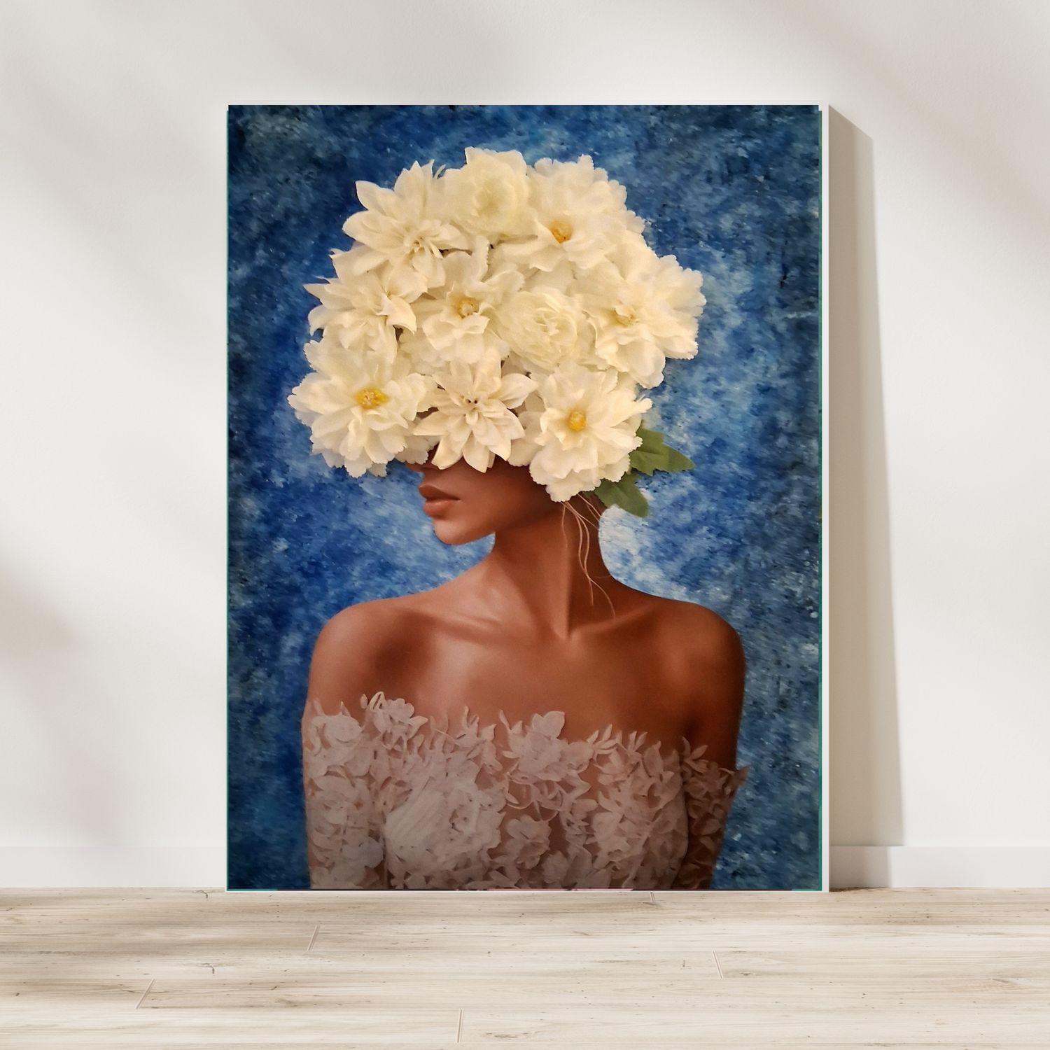 3D-Bild Wandbild elegante Frau mit weißem Kleid & Blumenkrone 3D-Bild Wandbild elegante Frau mit weißem Kleid & Blumenkrone