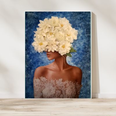 3D-Bild Wandbild elegante Frau mit weißem Kleid & Blumenkrone 3D-Bild Wandbild elegante Frau mit weißem Kleid & Blumenkrone