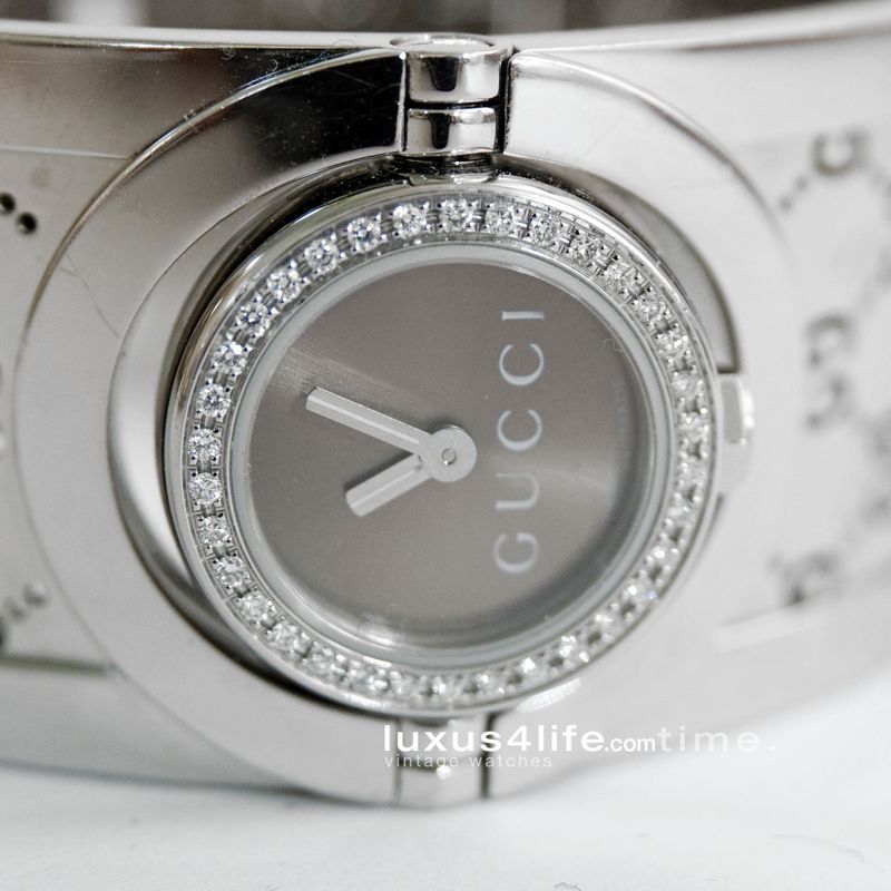 Gucci 112 Armreif Uhr Diamond Lünette, Getragen, herrlich Gucci 112 Armreif Uhr Diamond Lünette, Getragen, herrlich