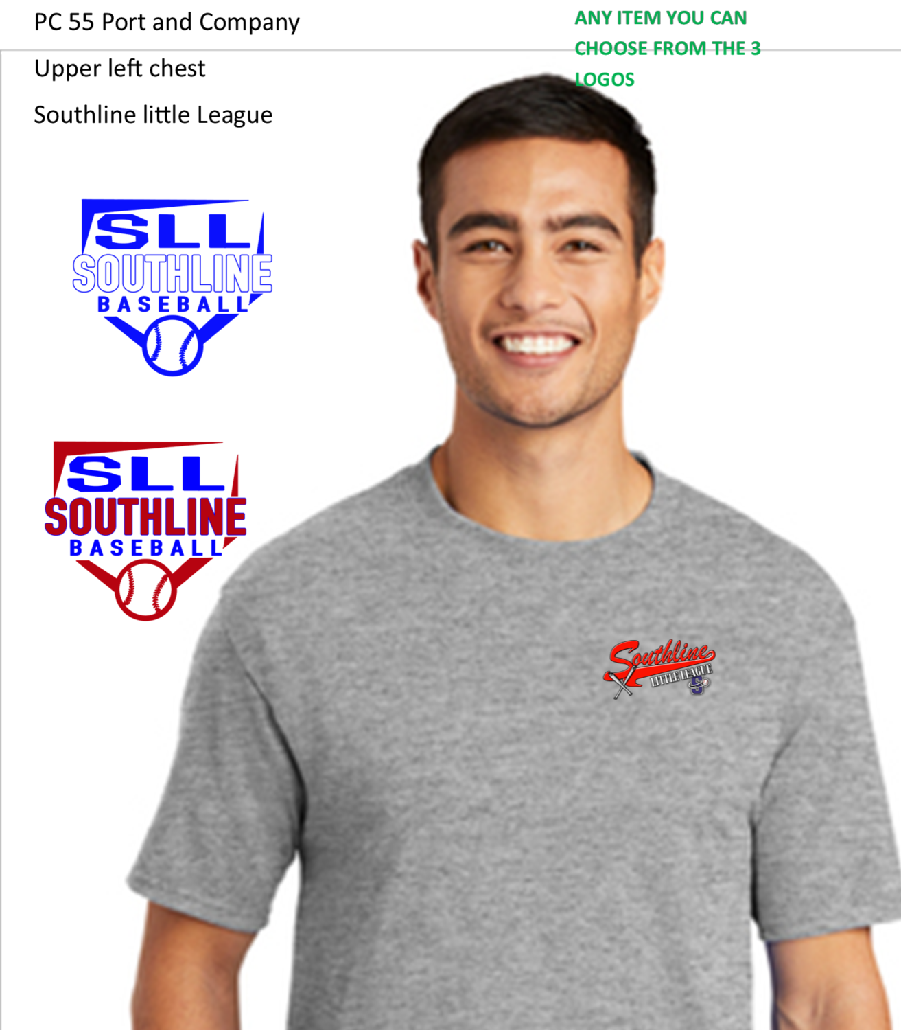 SOUTHLINE LITTLE LEAGUE  Short Sleeve T shirt UPPER LEFT CHEST