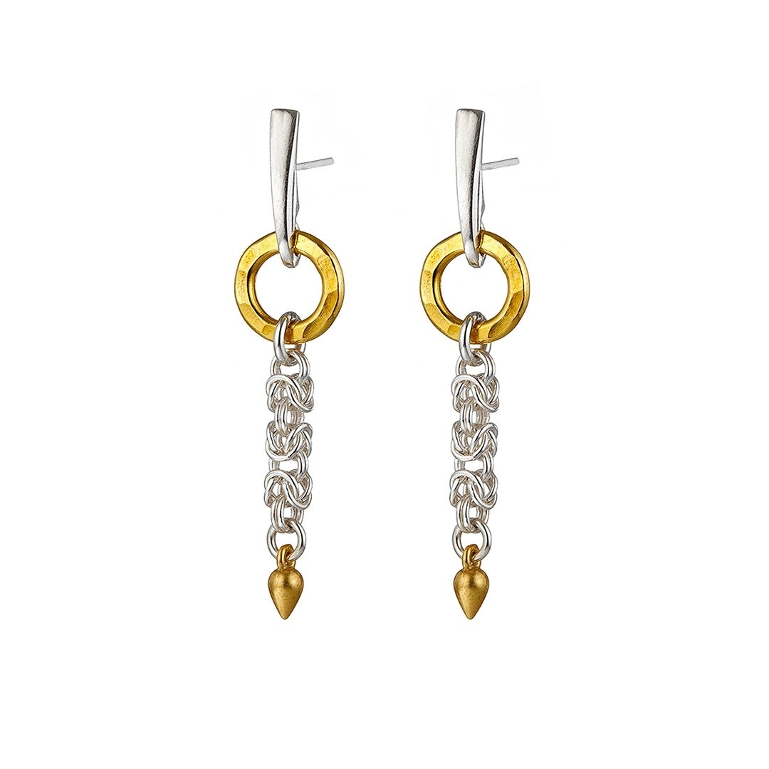 “Circle of Life” Byzantine – sterling silver Byzantine chainmail & 24k yellow gold vermeil ring earrings