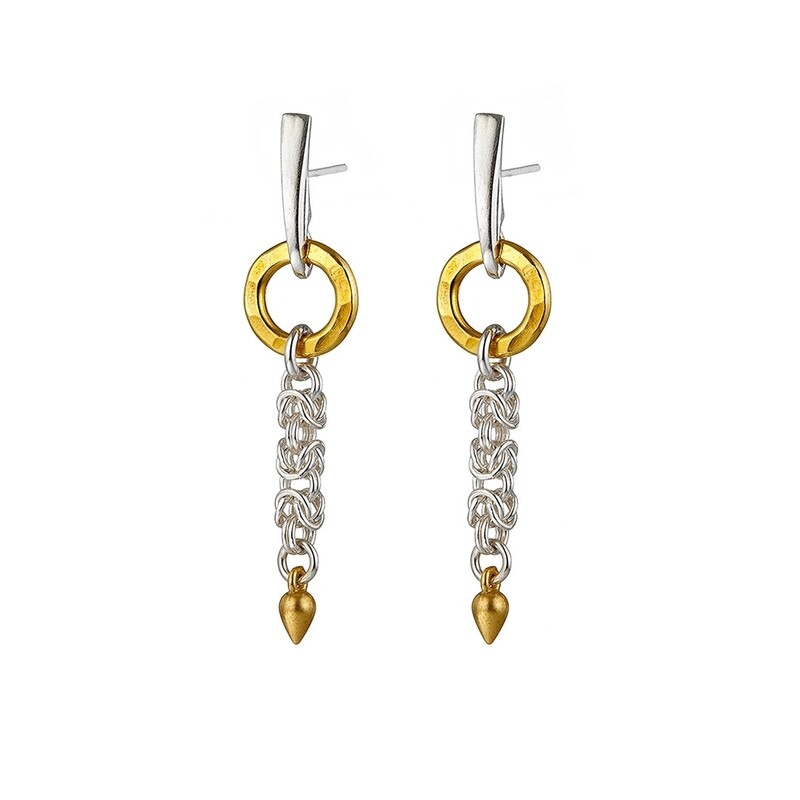“Circle of Life” Byzantine – sterling silver Byzantine chainmail & 24k yellow gold vermeil ring earrings