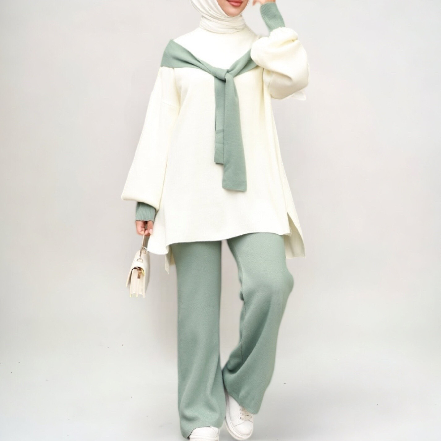 Gestrickter Zweiteiler / White &amp; Mint